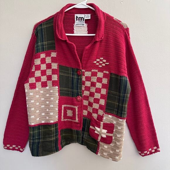 TM Sport Cardigan Sweater MEDIUM Vintage Patchwork Hand Knit Grandma Holiday Red - Picture 3 of 13